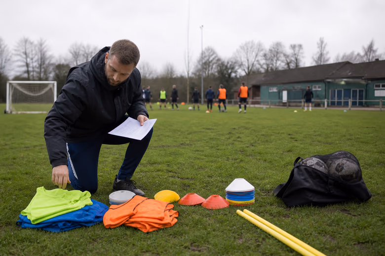 A coach preparing cones and bibs before grassroots training at a local ground