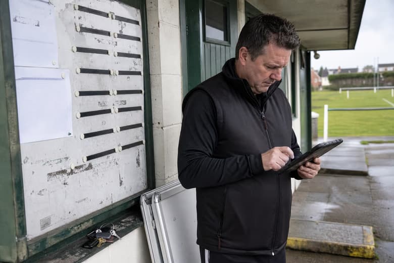 Club official updating matchday information inside a modest clubhouse