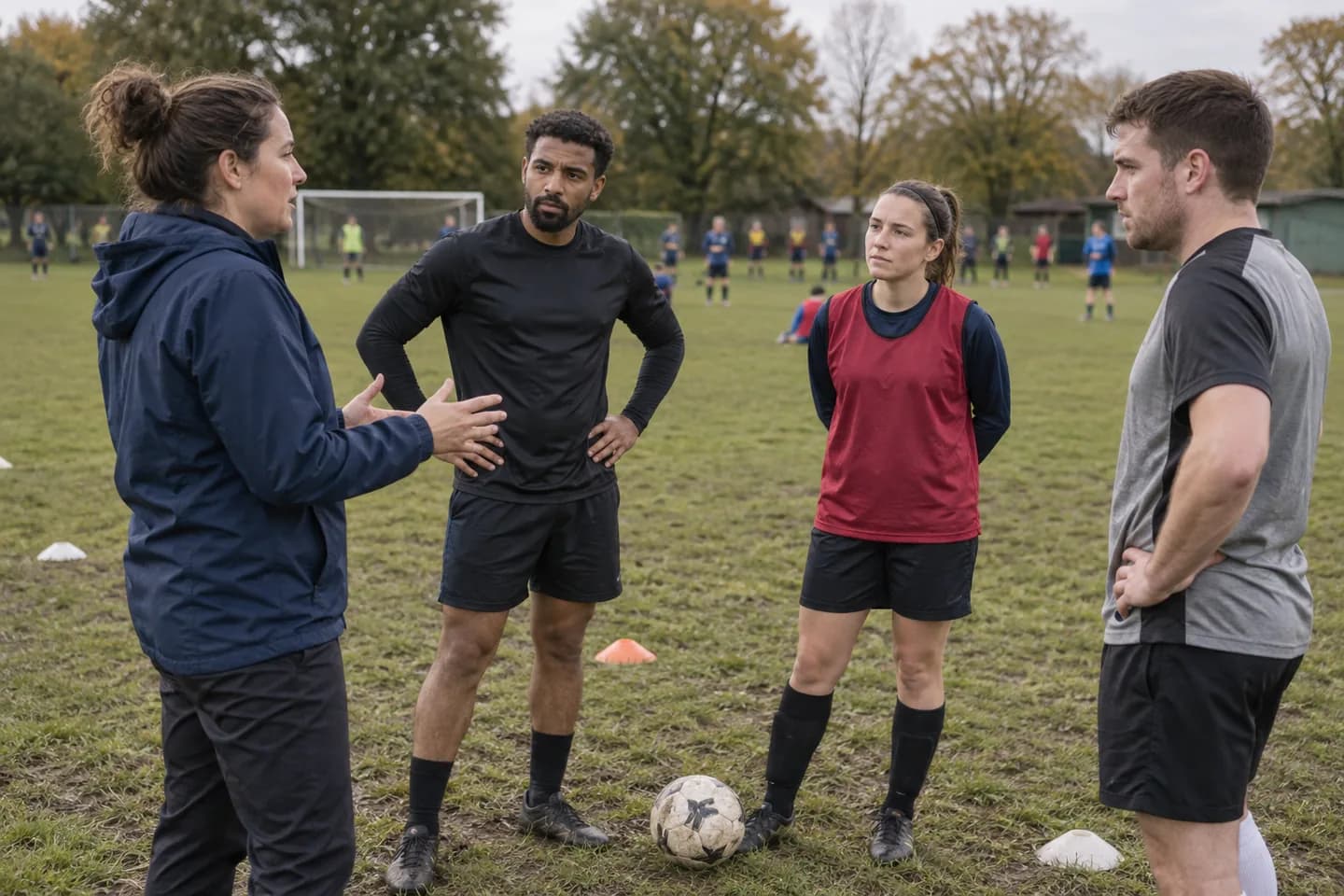 Grassroots football coach leading a training session on a local pitch