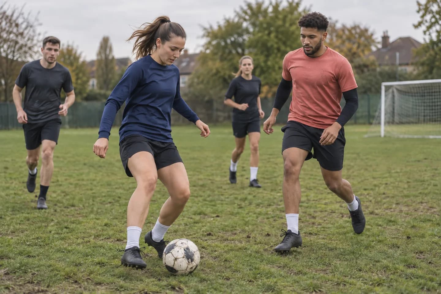 Adult grassroots football players at a local training session