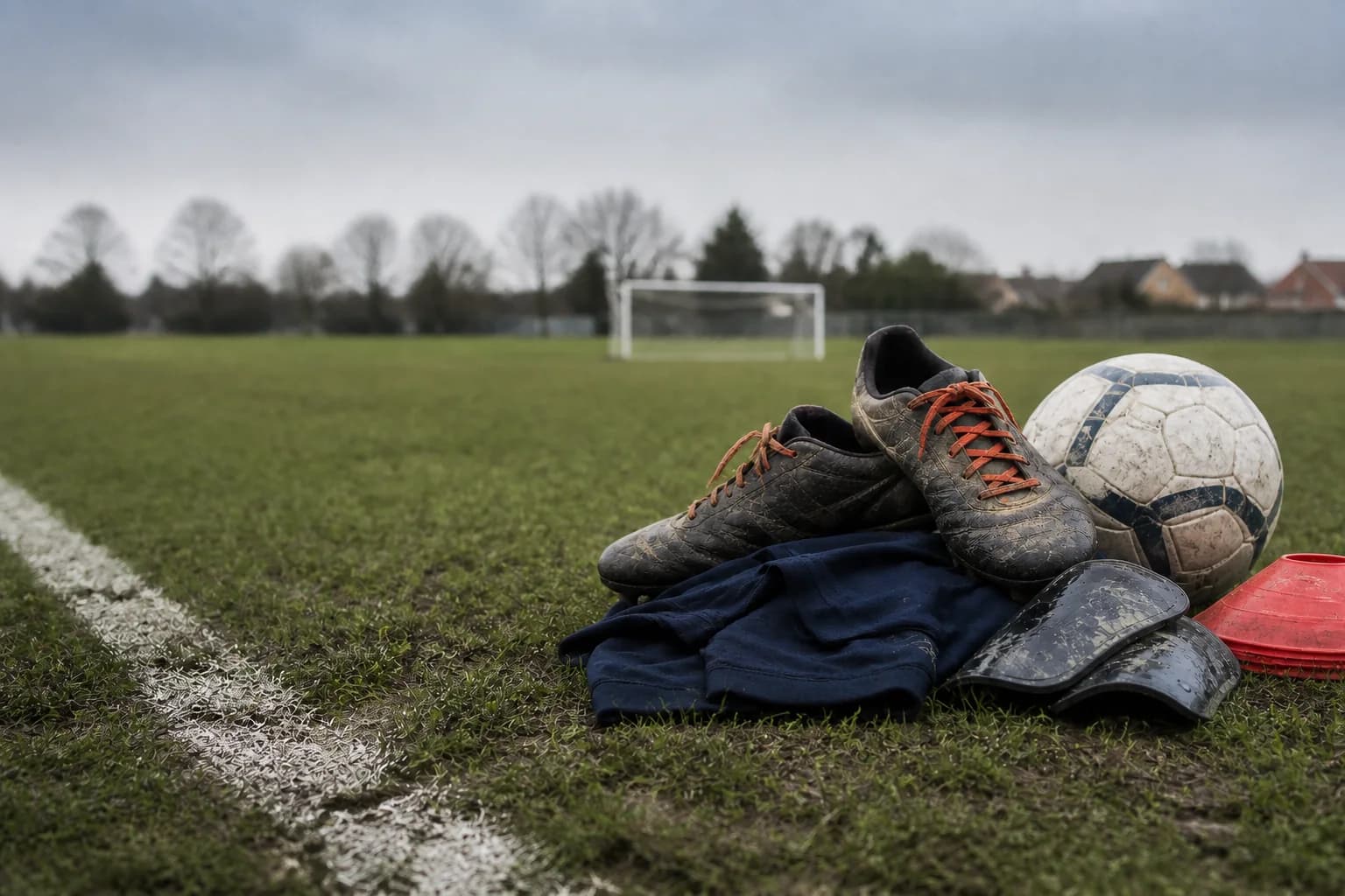 Football boots, kit and a ball beside the touchline on a local pitch.